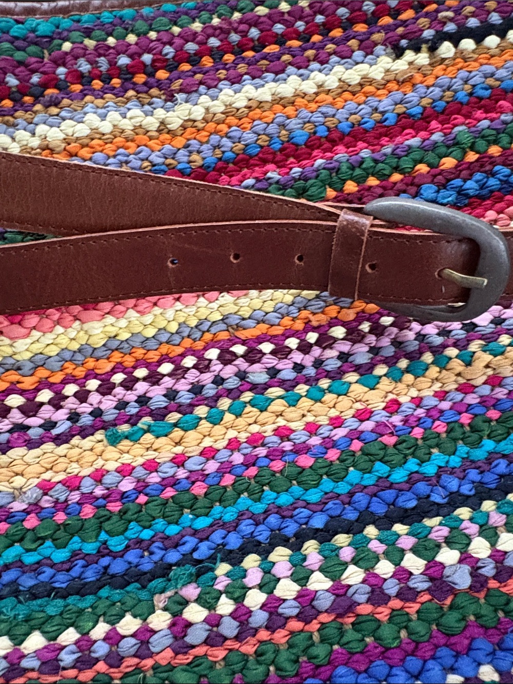 Large Jute And Cotton Multicolor Crochet Shoulder Bag with Brown Leather Trim - Picture 10 of 14